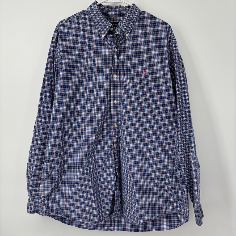 Ralph Lauren Classic Fit Button Up Shirt Men's XL Blue White‎ Plaid Pink Pony